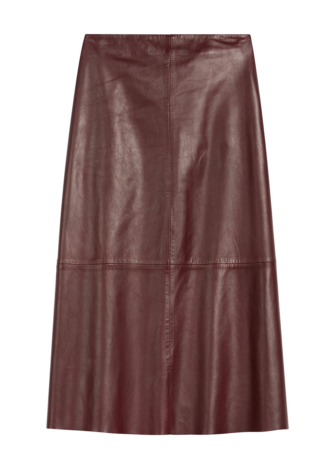 Burgundy leather midi skirt SPCDS-0077-2869(Z25), product view from the front on a white background.