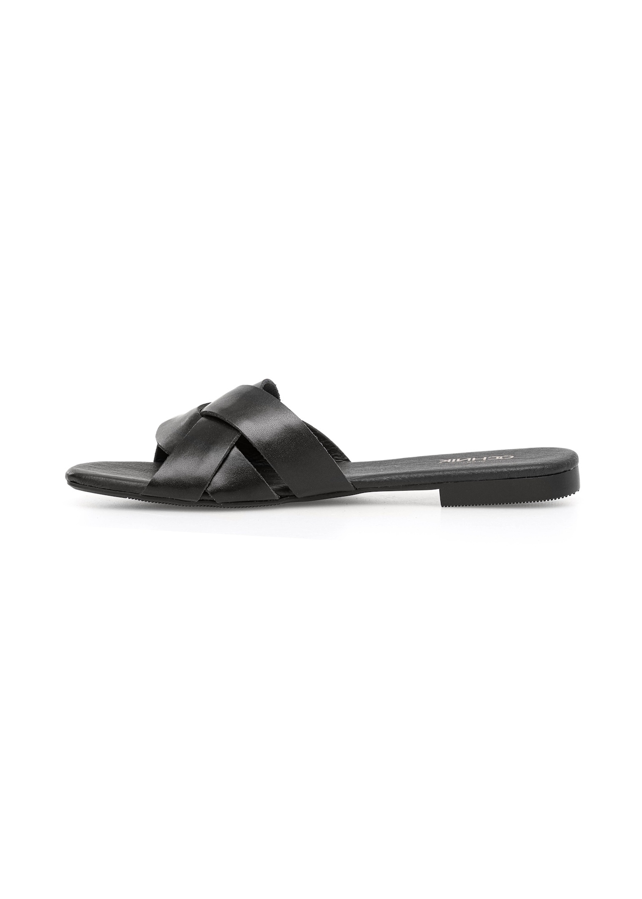 Women's leather flip-flops in black BUTYD-1159-99(W25), side view of the product on a white background.