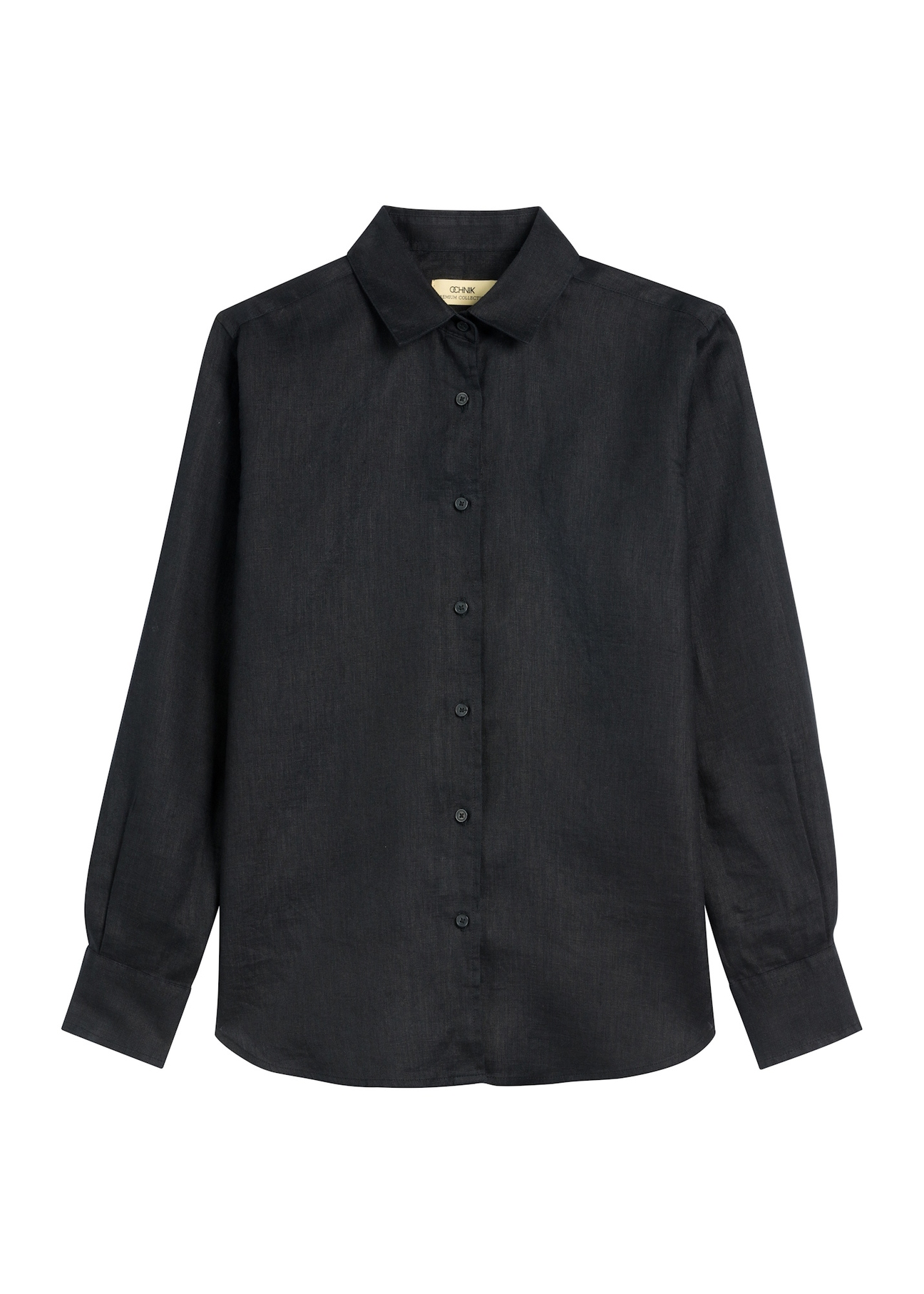 Black women's linen shirt KOSDT-0163A-99(W26), front product view on white background.