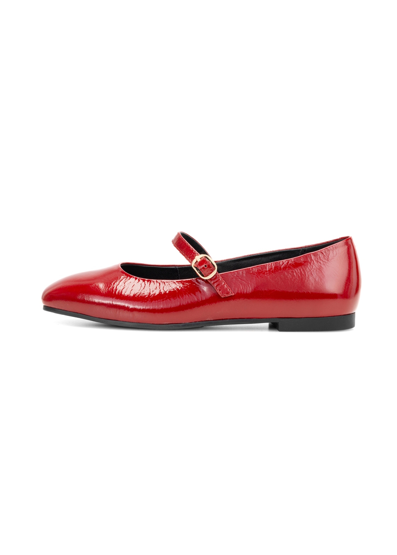 Red leather ballet flats with belt BUTYD-1145-4B(W26), side view of the product on a white background.