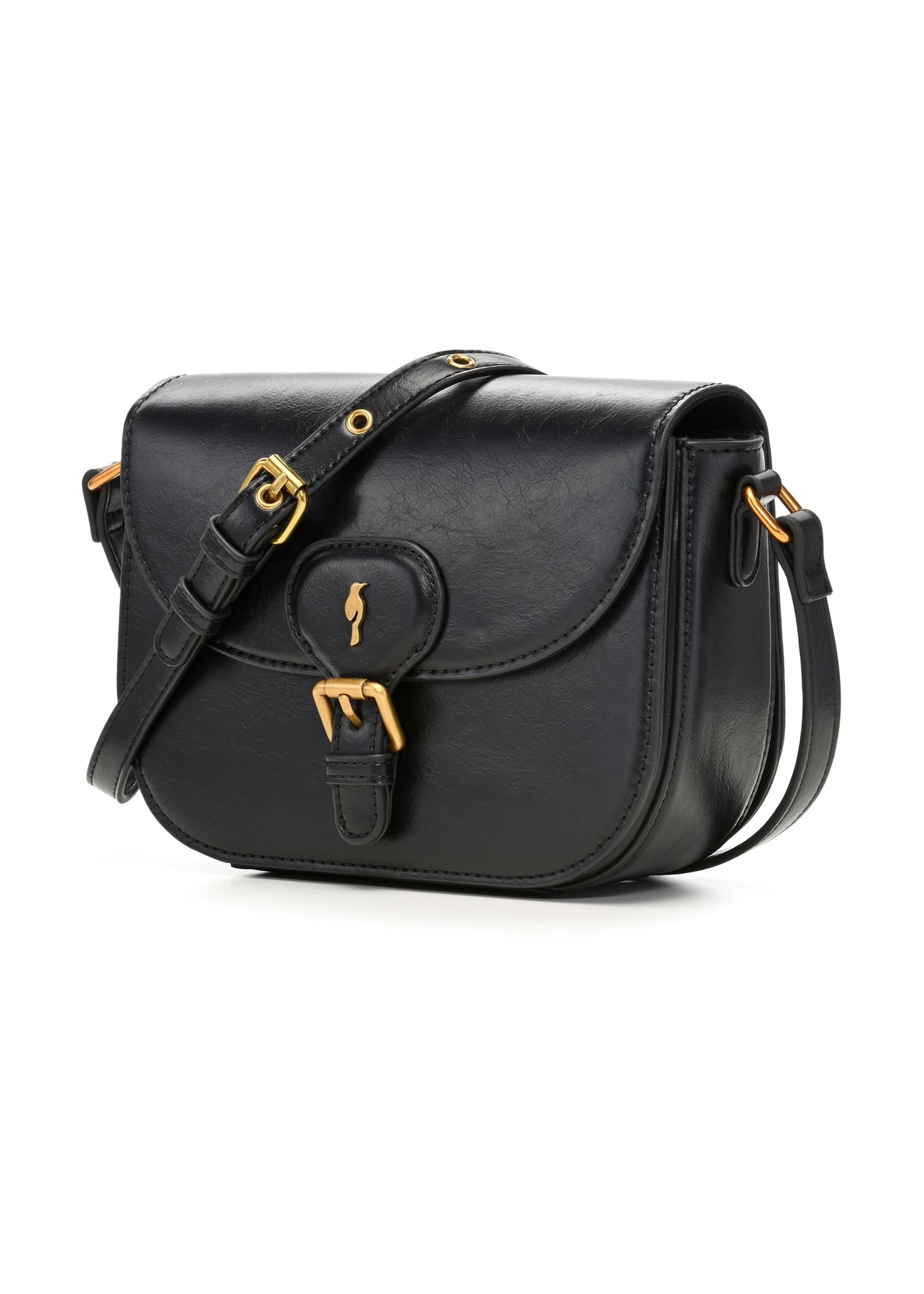 Small black women's messenger bag with a decorative clasp TOREC-1243-9F(Z26) - diagonal product view, on a white background.