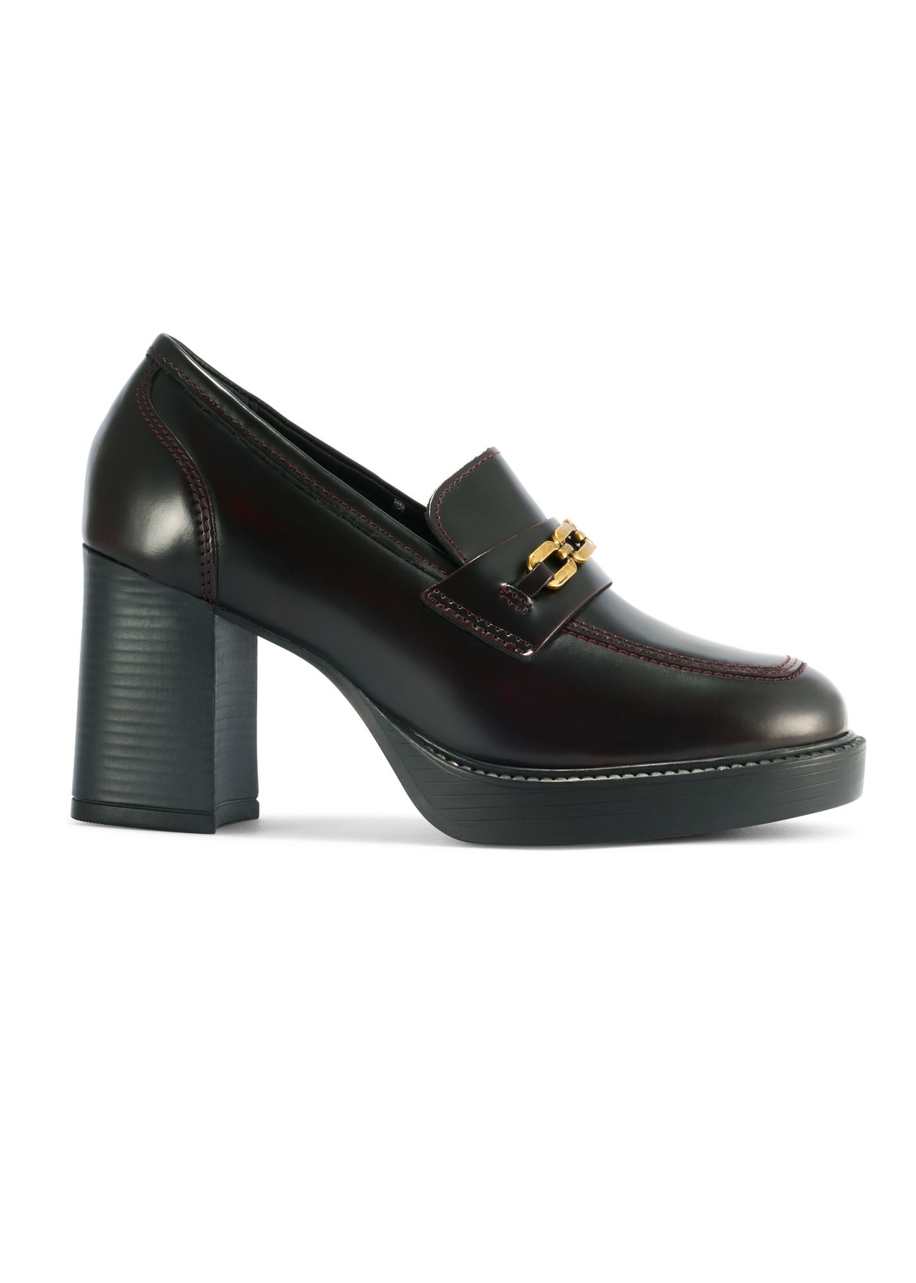 Burgundy leather block heel loafers BUTYD-1191-49(Z25) - side view of the product on a white background.