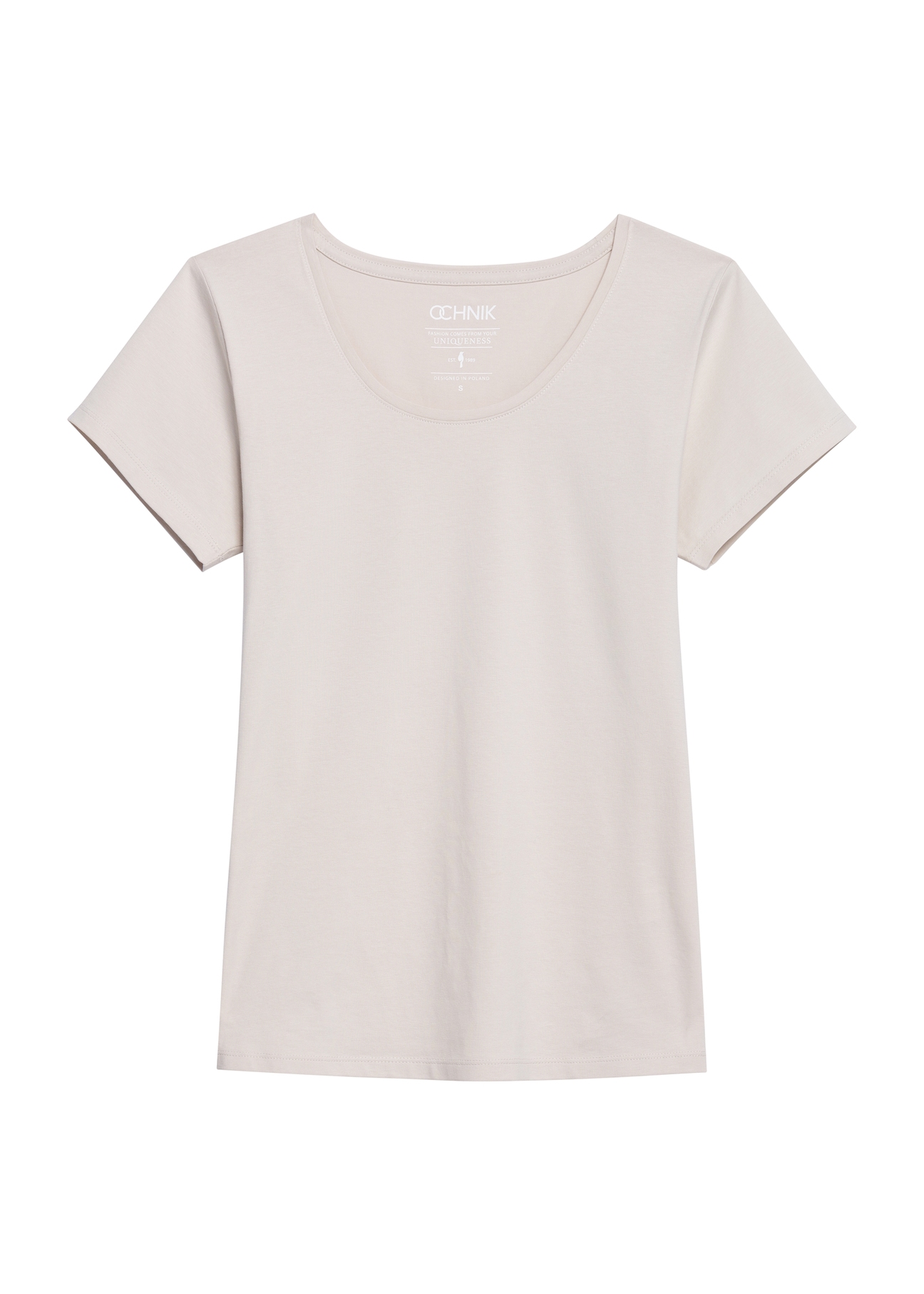 Beige women's basic T-shirt TSHDT-0111-81(KS), product visible from the front on a white background.