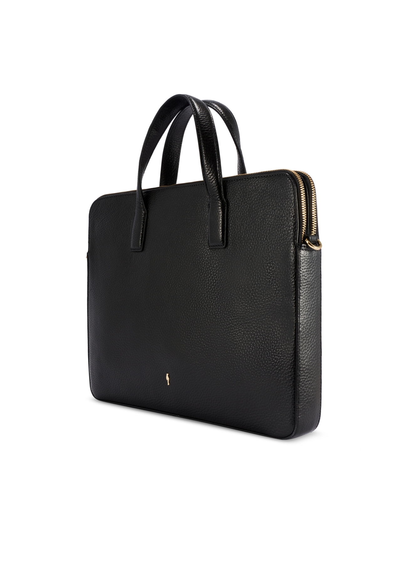 Black leather laptop bag TORES-1070A-99(W26), diagonal product view on white background.