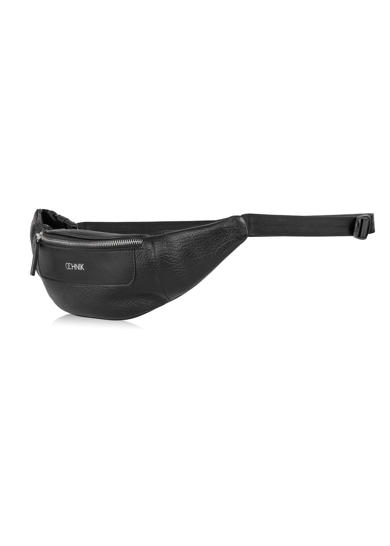 Men's black leather waist bag with logo TORMS-0295A-99(Z25) - diagonal view of the product on a white background.