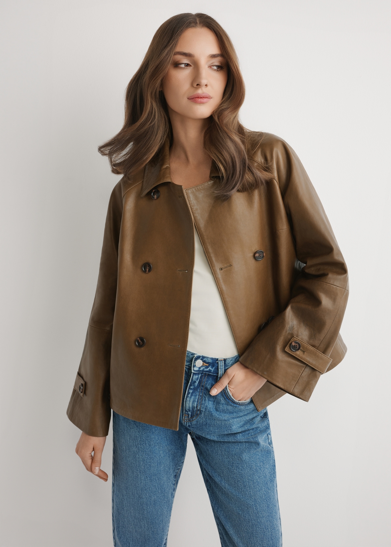 Women's khaki leather jacket KURDS-0604-8D(W26), front view of the product on the model. Half of the silhouette visible.