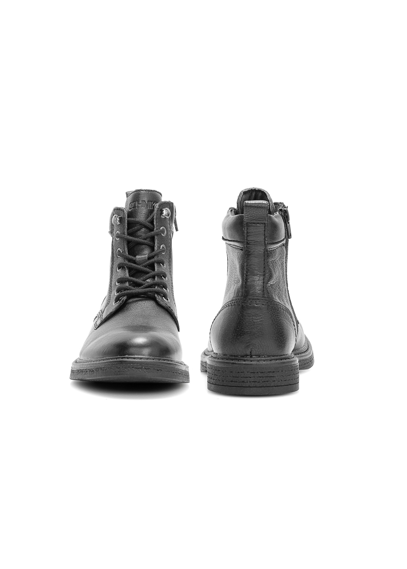 Black men's leather ankle boots BUTYM-0516-99(Z25), front and back product view on white background.