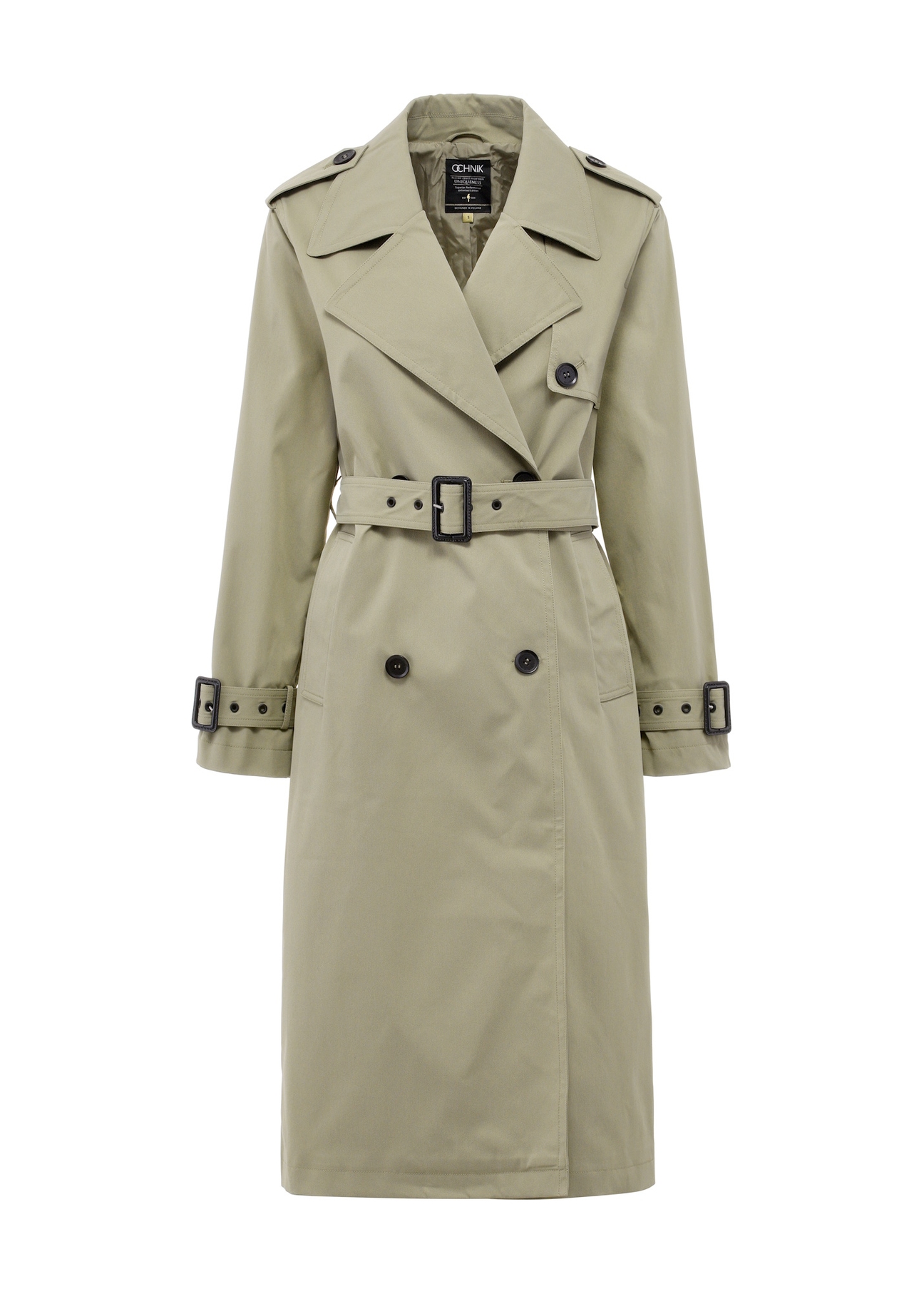 Long olive women's coat-style jacket KURDT-0512-57(W25), front product view on white background.
