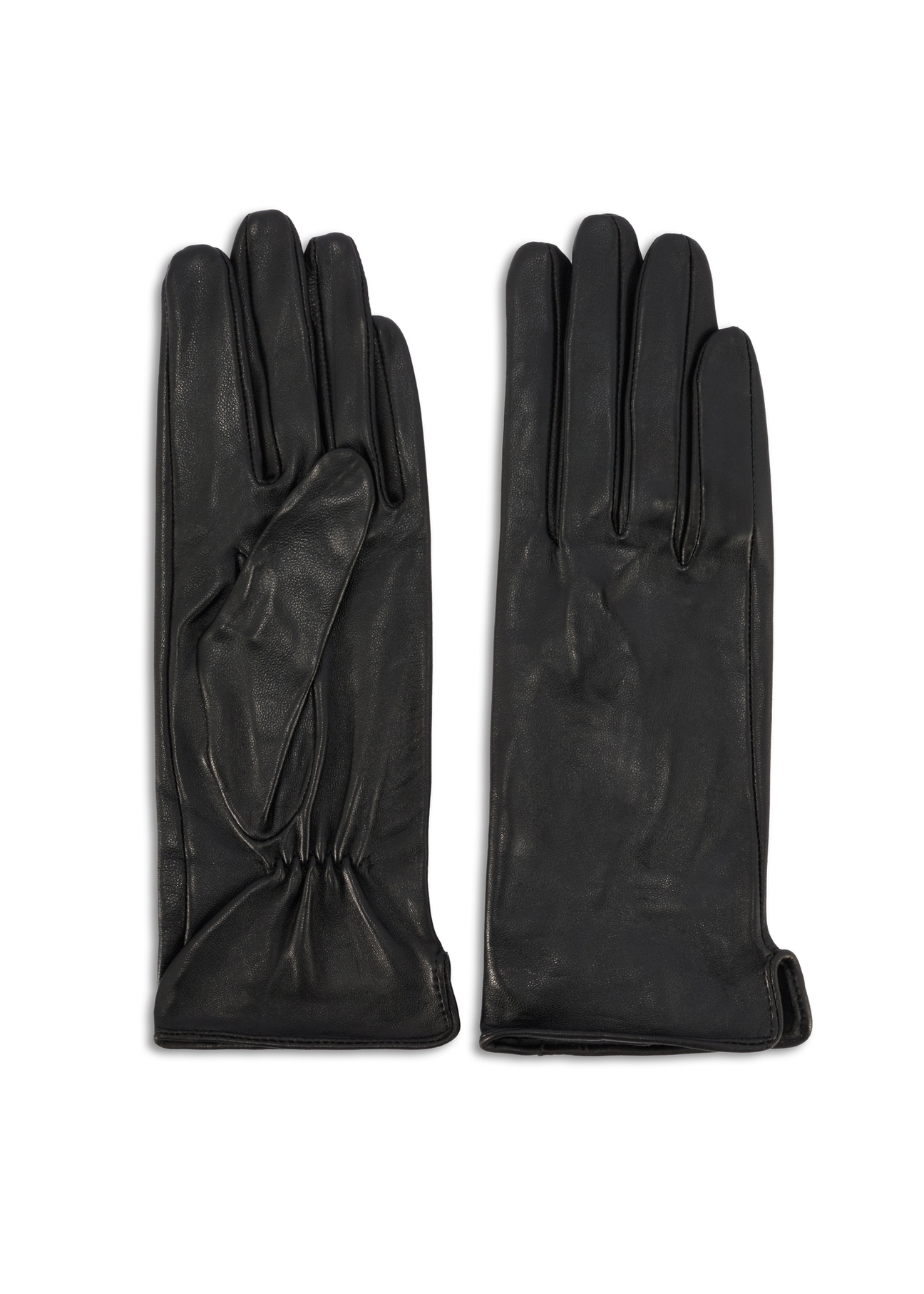 Black women's leather gloves REKDS-0100-99(Z25), product view from the front and back on a white background.