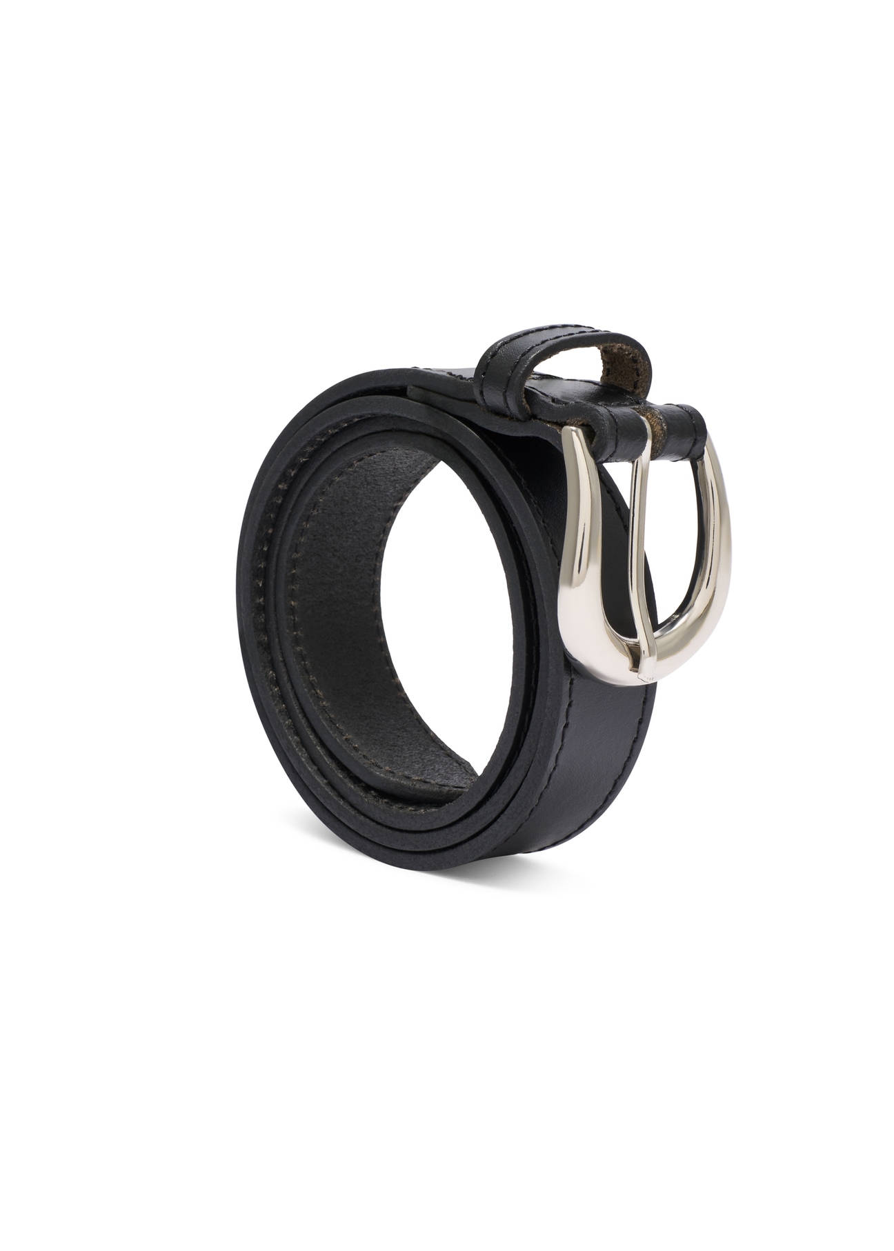 Black leather women's belt PASDS-0303-99(W26), diagonal product view on white background.