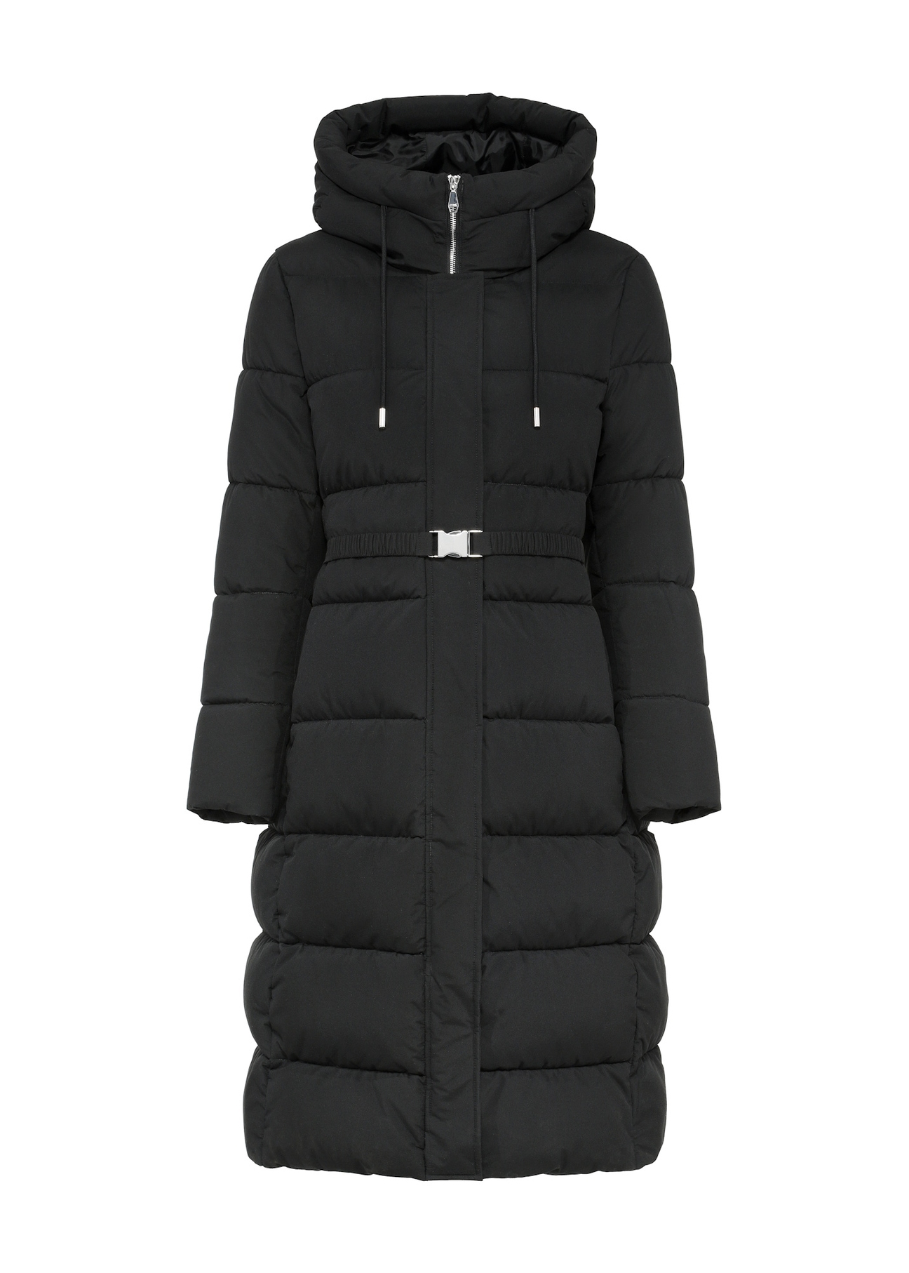 Long black women's jacket KURDT-0602-99(Z25), front product view on white background.