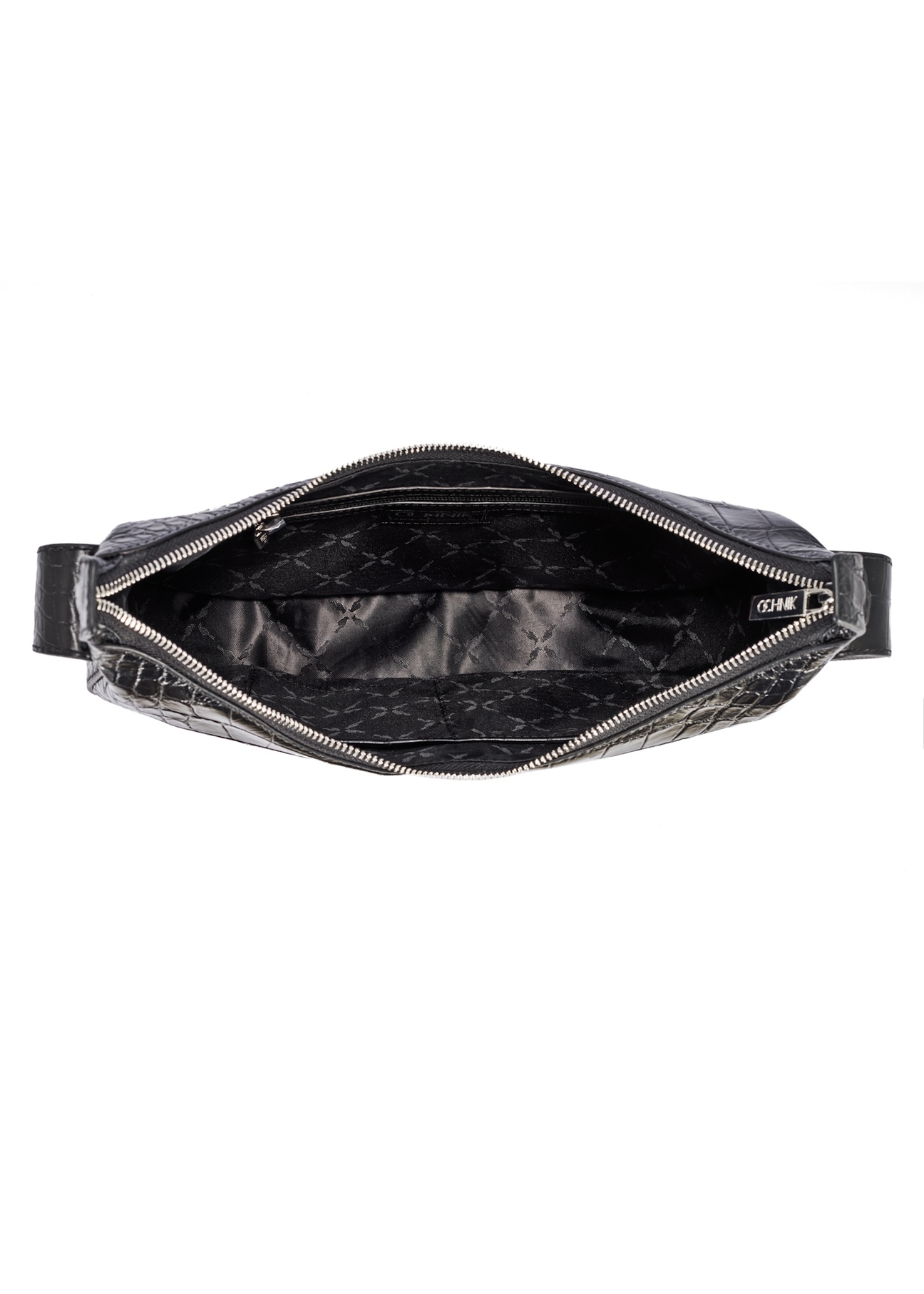 Black croco leather handbag TORES-1172-99(Z25) - top view of the product on a white background.