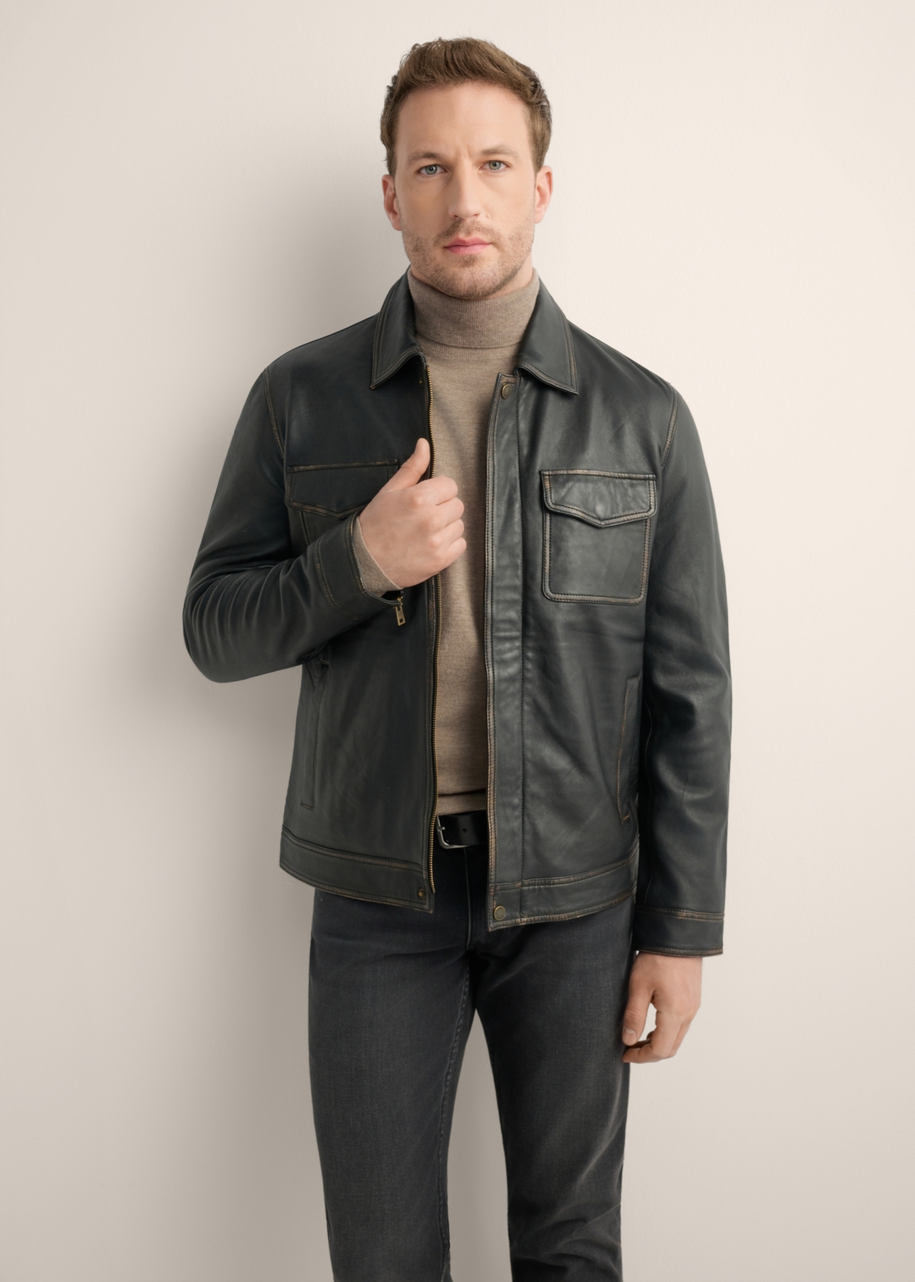 Black men's vintage leather jacket KURMS-0381-2870-9J(Z26)