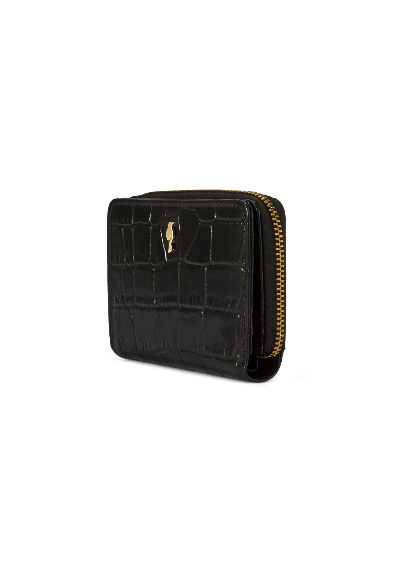 Black women's croco wallet PORES-0888B-99(Z25), diagonal product view on white background.