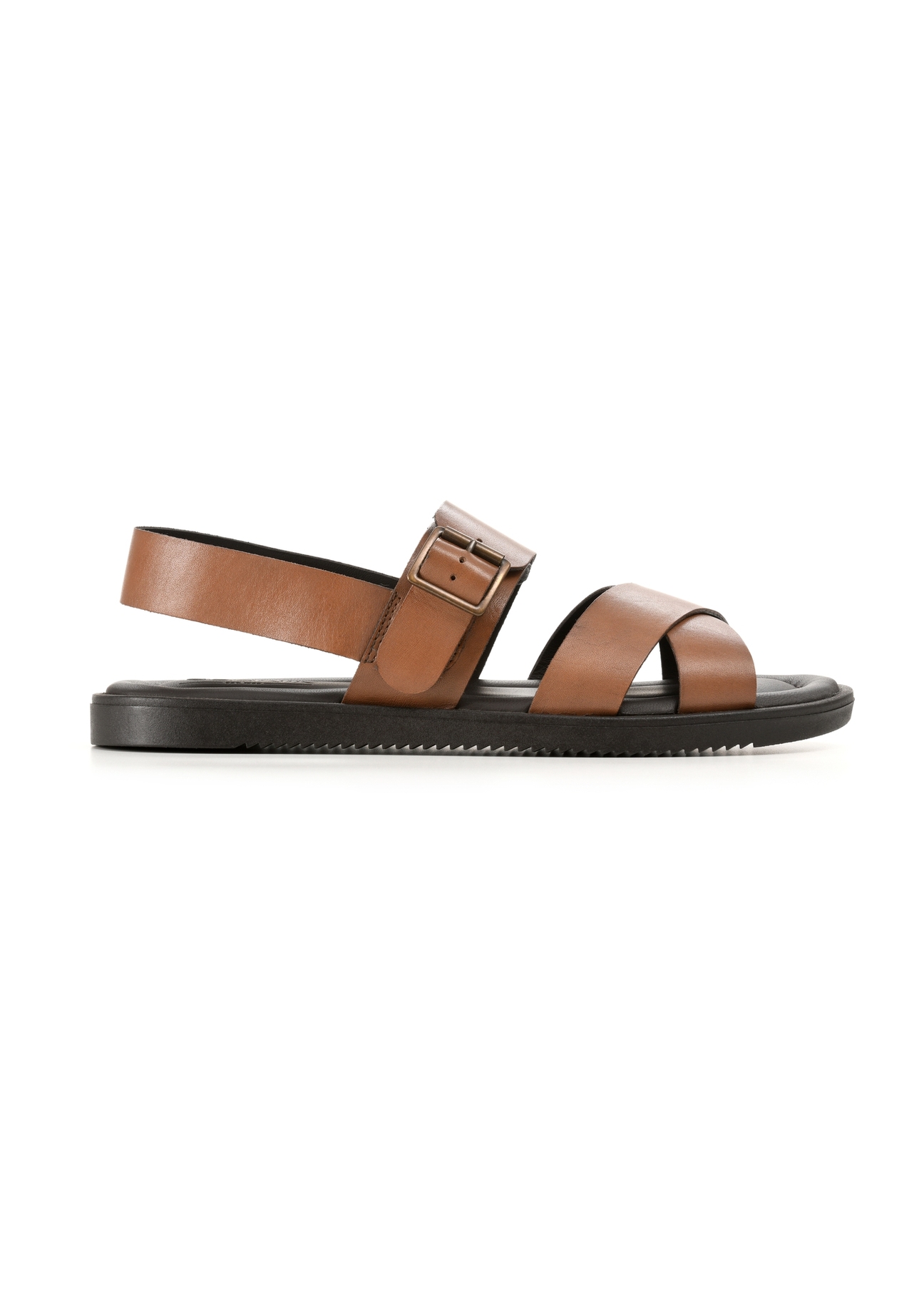 Men's leather sandals in cognac color BUTYM-0537-1F(W26), side view of the product on a white background.