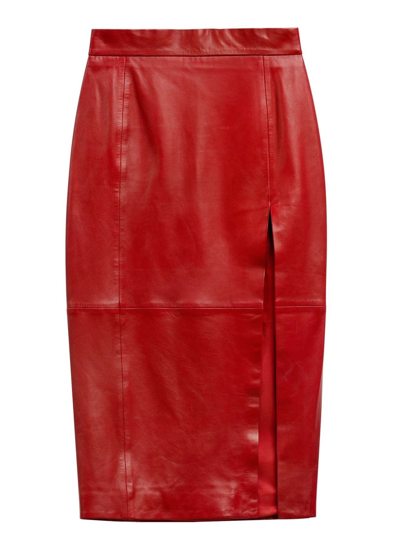 Long red leather women's skirt with slit SPCDS-0075-4B(W26)