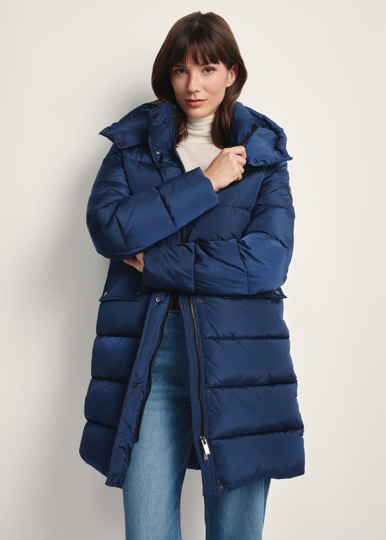 Navy blue women's winter jacket KURDT-0600-69(Z25) - front product view on a model on a white background.