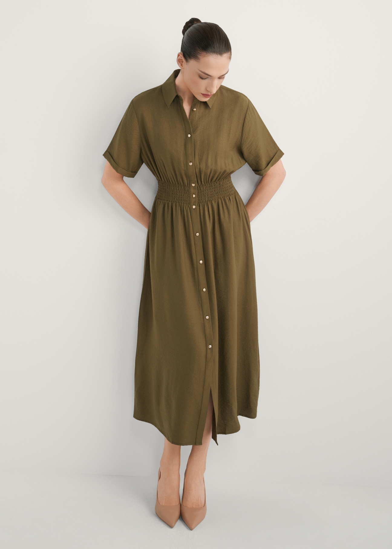 Khaki midi dress SUKDT-0257-8D(W26), front view of the product on the model. Full body visible.