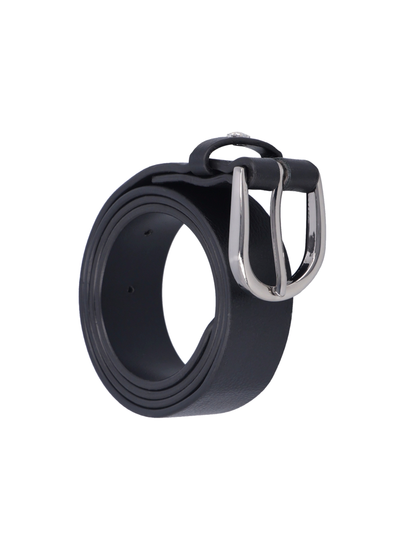 Black leather women's belt PASDS-0345-99(Z26), diagonal product view on white background.