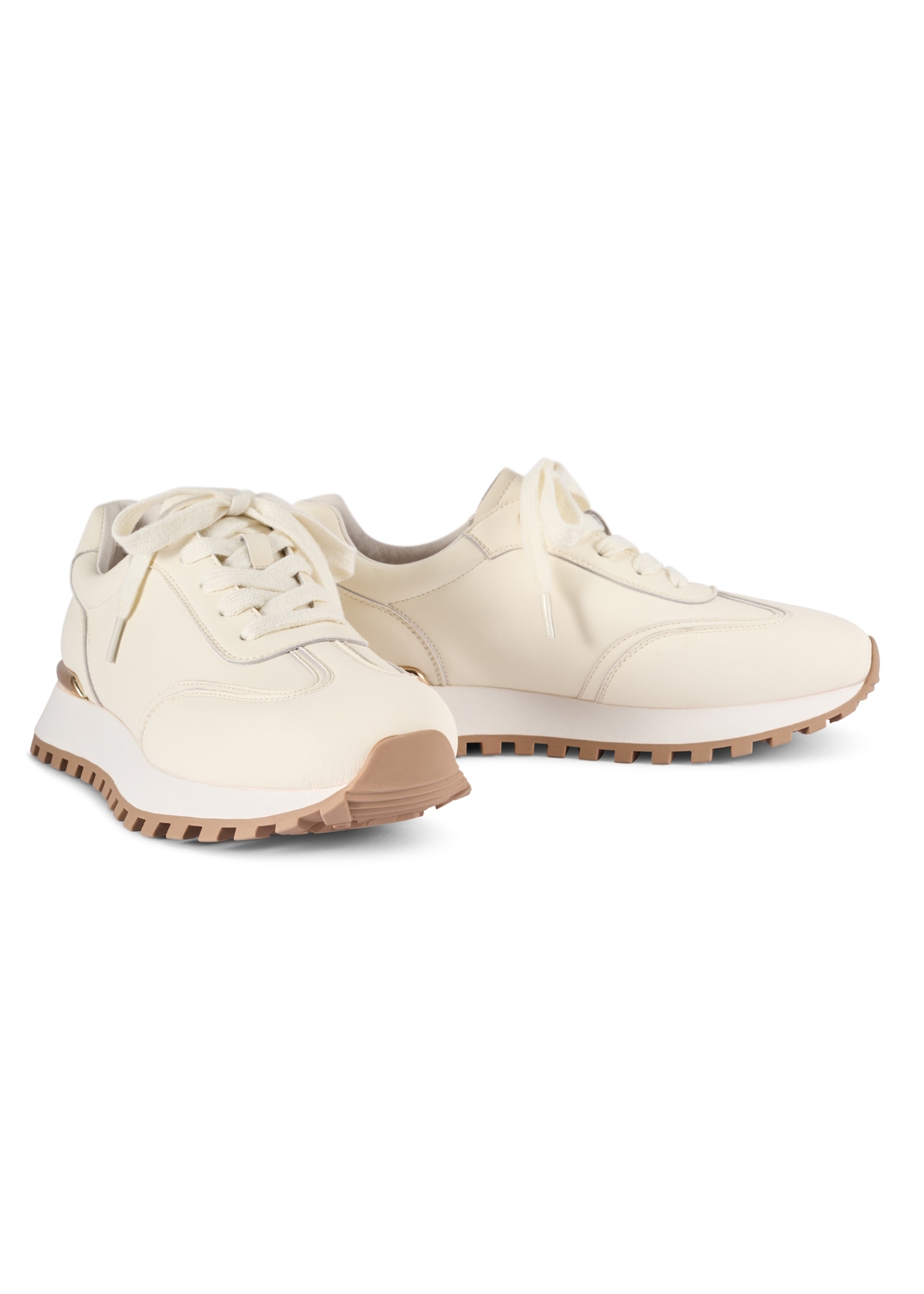 Women's leather sneakers in cream color BUTYD-1270-0B(W26), diagonal product view on a white background.