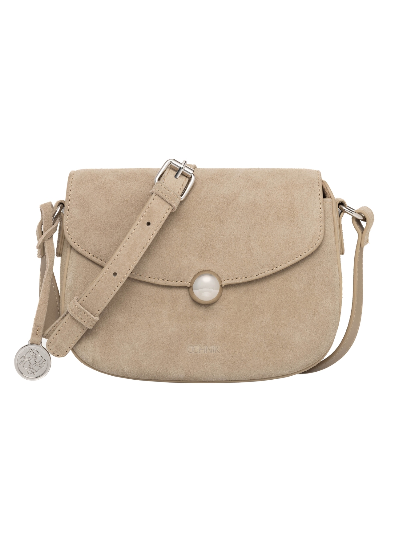 Small women's suede handbag in cool beige TORES-1405-1K(Z26). Front view on a white background.