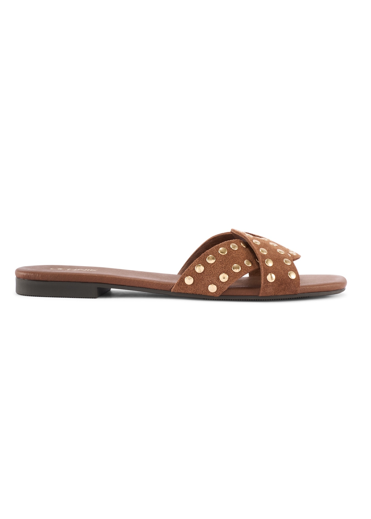 Women's camel leather mules with rhinestones BUTYD-1226-1D(W26), side view of the product on a white background.