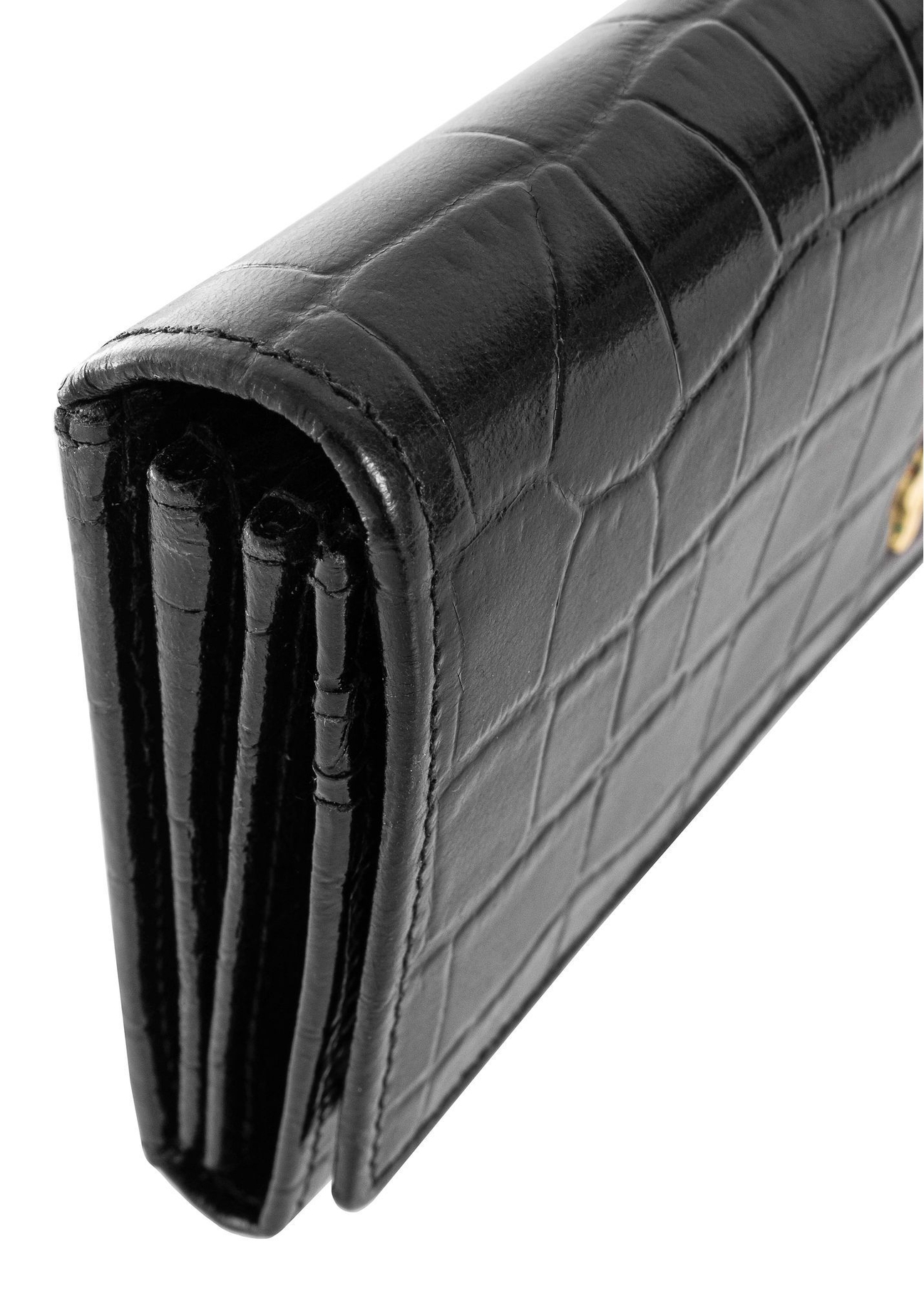 Black croco women's leather wallet PORES-0889-9G(W26), close-up of the product detail on a white background.