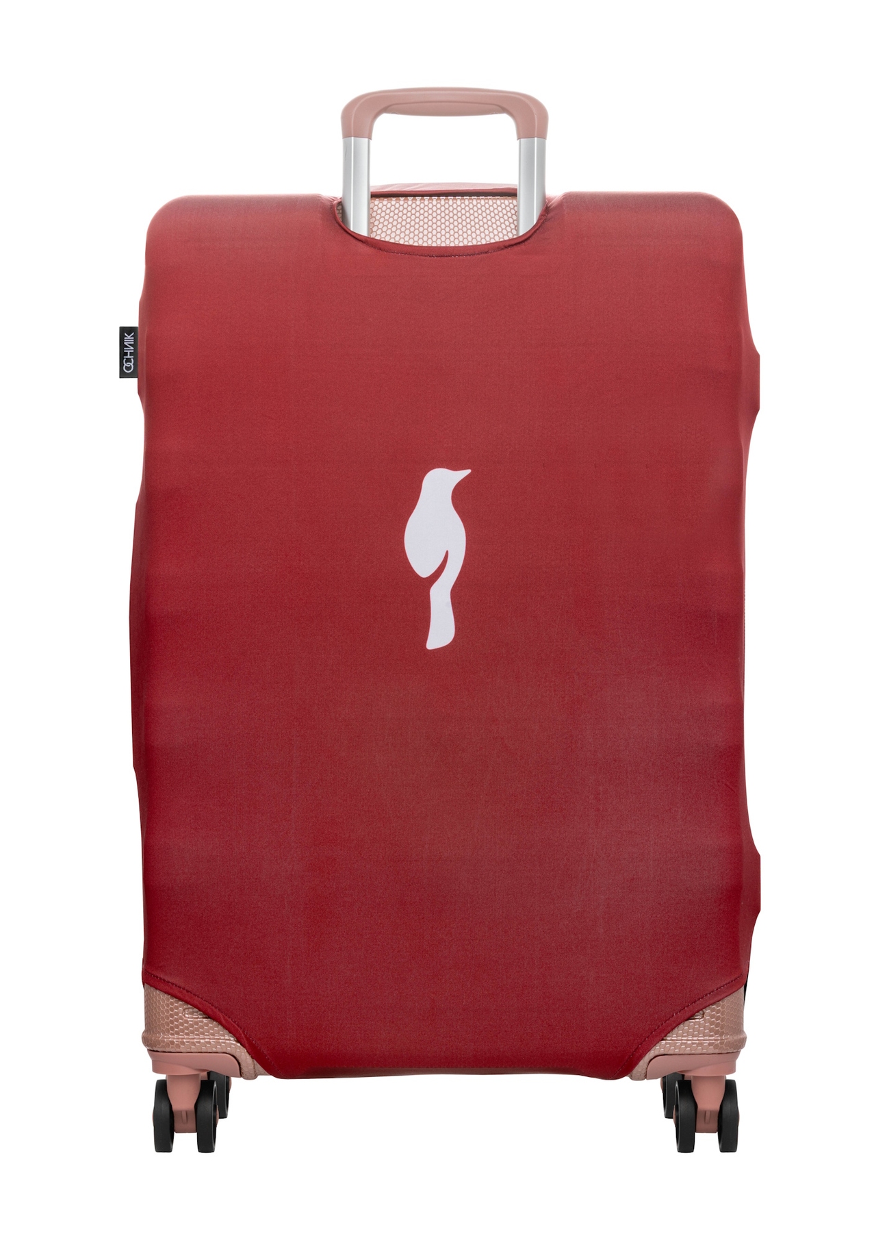Red cover for a large suitcase with the AW-013-0002-4B-L(W26) logo, product view from the back on the suitcase.