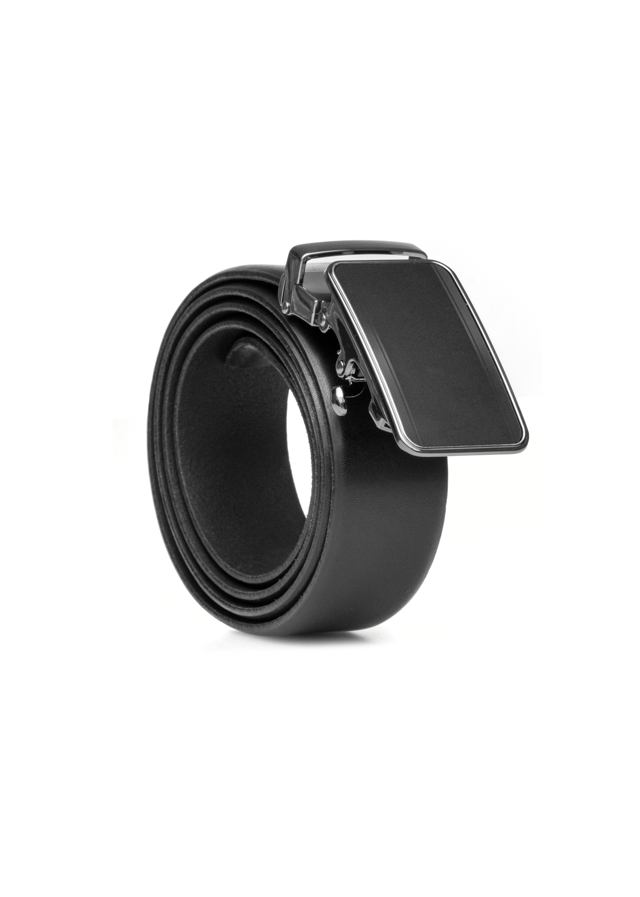 Black men's leather belt PASMS-0276-99(W26), diagonal product view on white background.