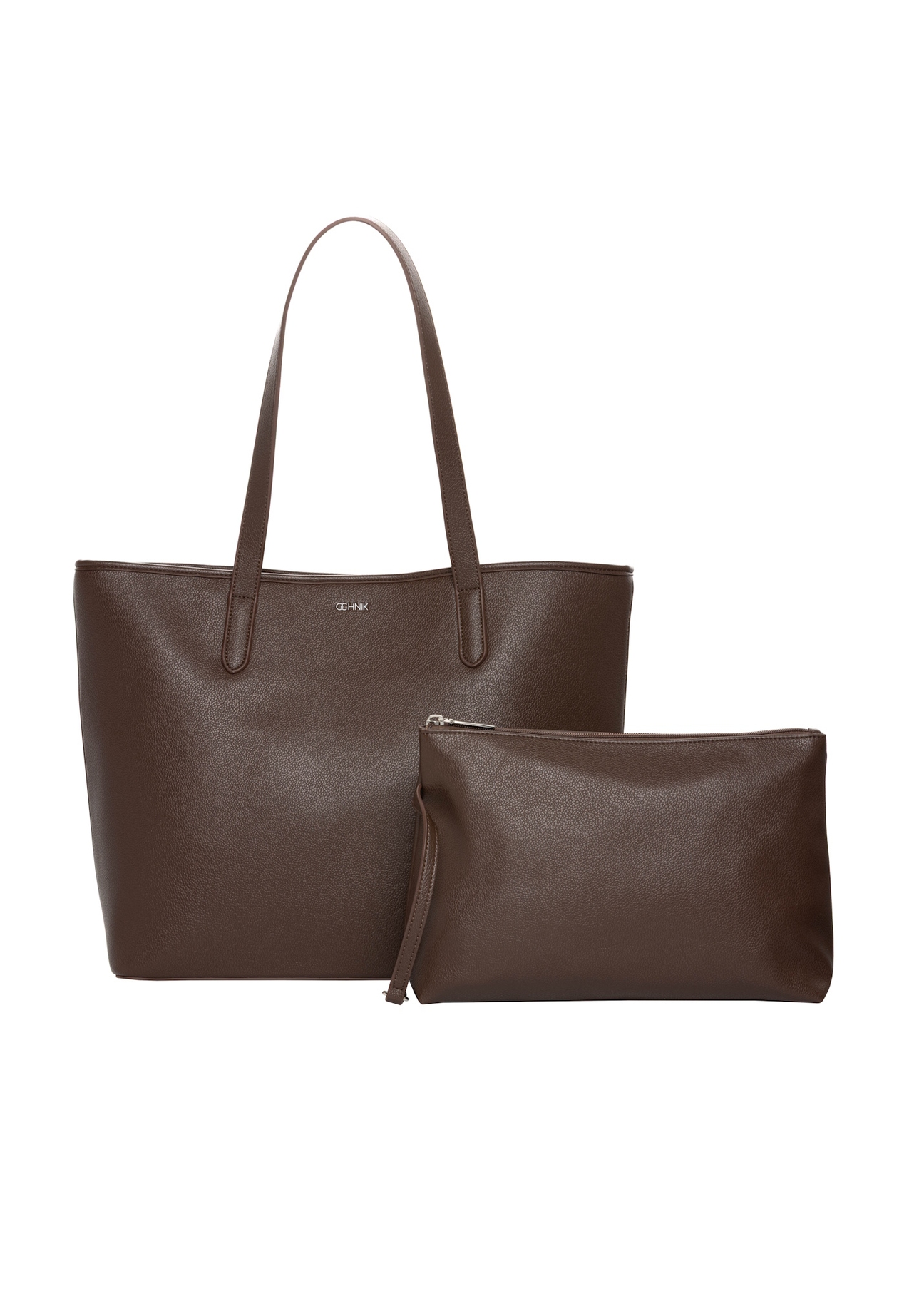 Women's brown shopper bag TOREC-0816-1H(Z26), product view with cosmetic bag on white background.