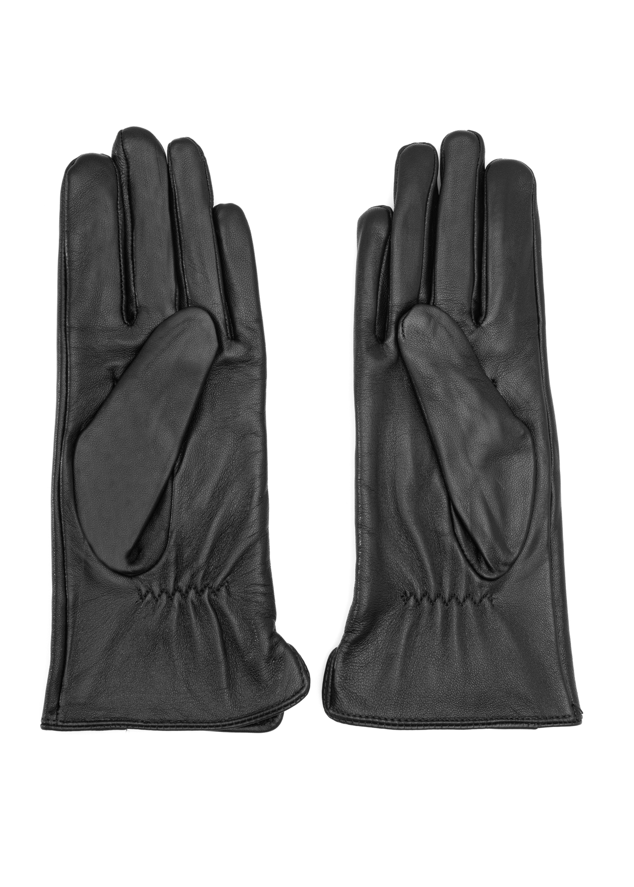 Women's brown leather gloves REKDS-0001A-89(Z25), product view from the back on a white background.