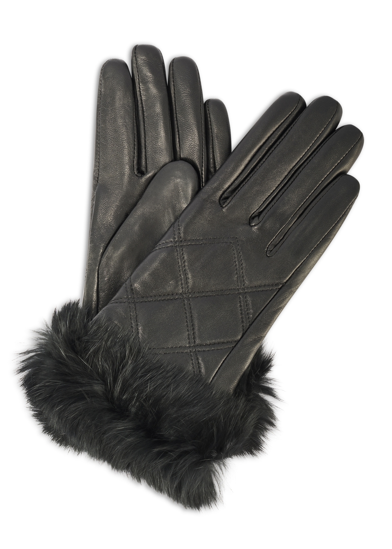 Women's leather gloves with rabbit fur REKDS-0071A-99(Z25), product view from the front and back on a white background.