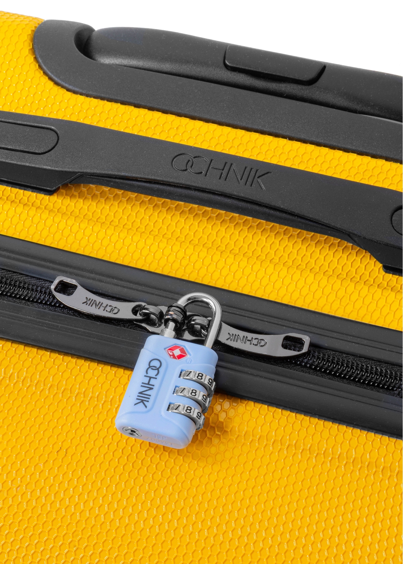 Blue TSA combination padlock AW-015-0003-61(W25), product view on suitcase on white background.
