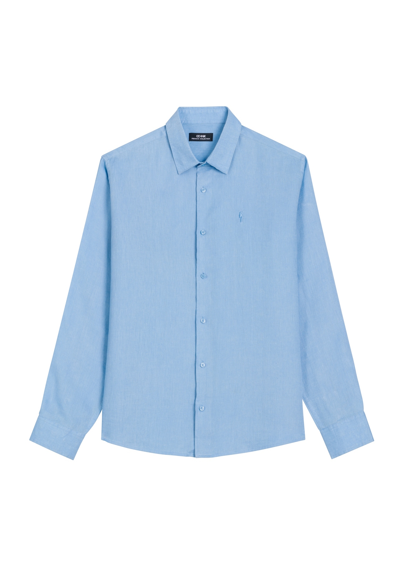 Blue linen men's shirt KOSMT-0321A-7B(W26), front product view, on white background.