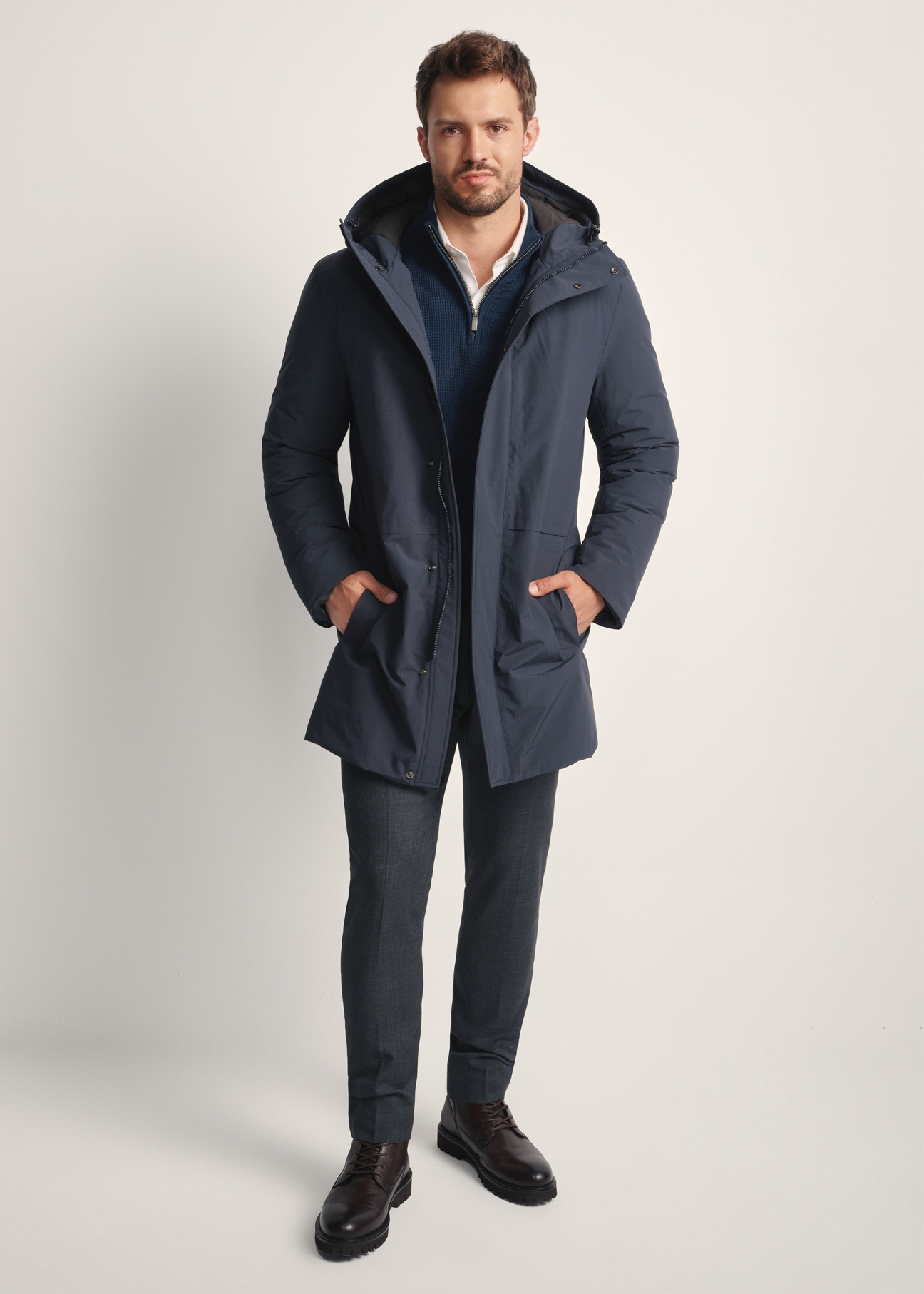Men's navy blue jacket with natural insulation KURMT-0394-69(Z25) - front product view on white background. Full body visible.