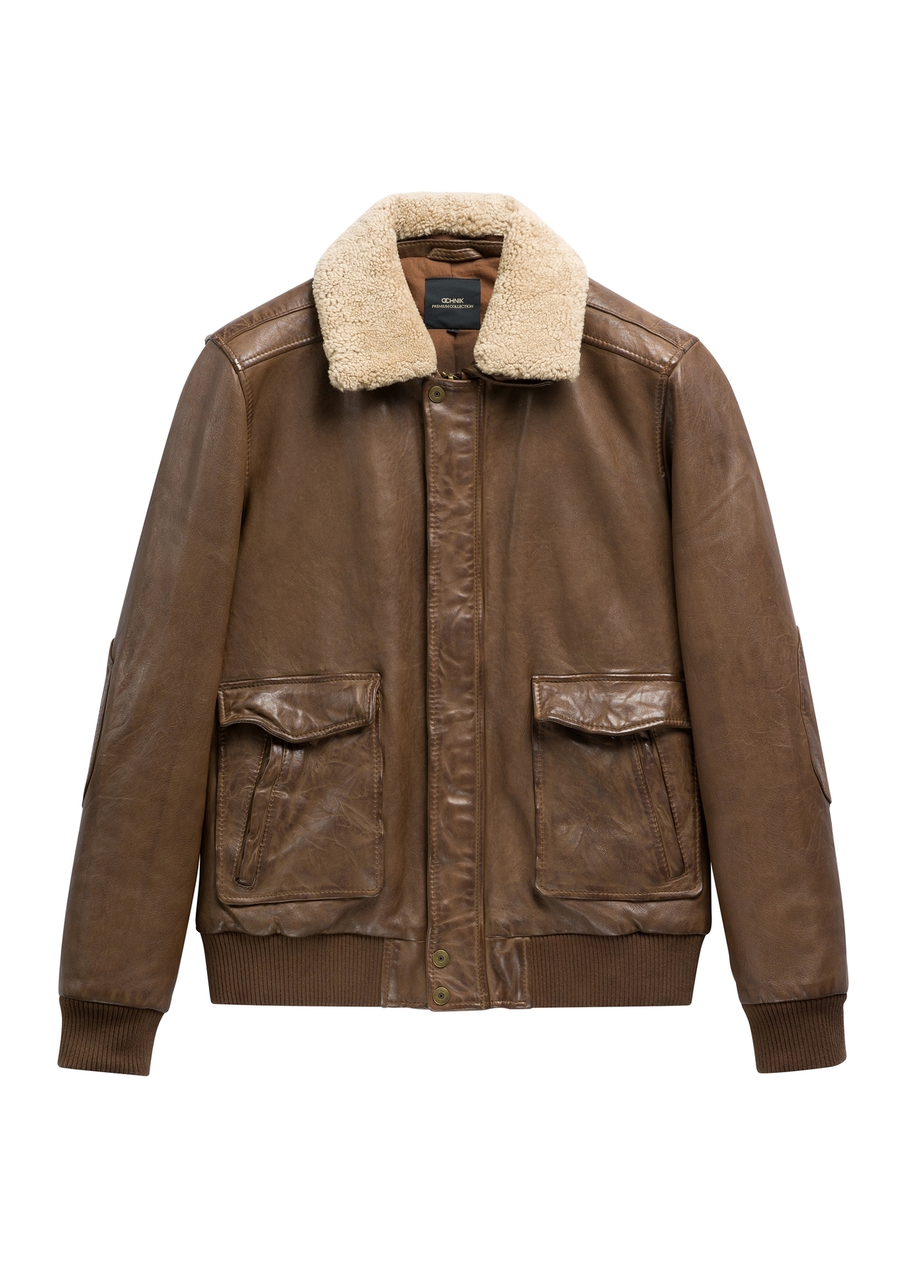Men's brown leather bomber jacket KURMS-0424-1K(Z26) - front product view, on white background.