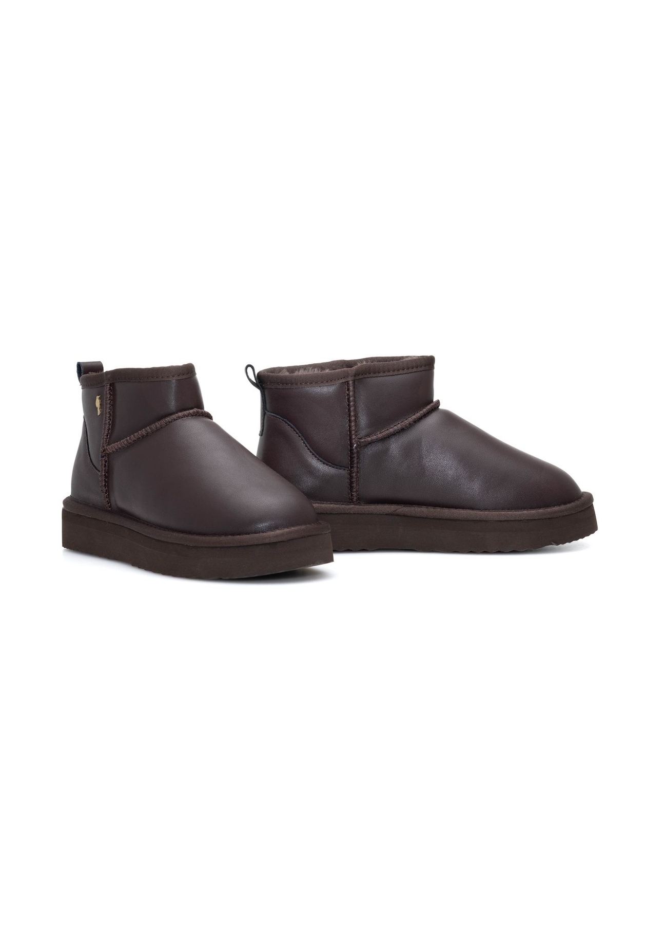 Dark brown women's leather snow boots BUTYD-1219-1I(Z26), diagonal product view on a white background.