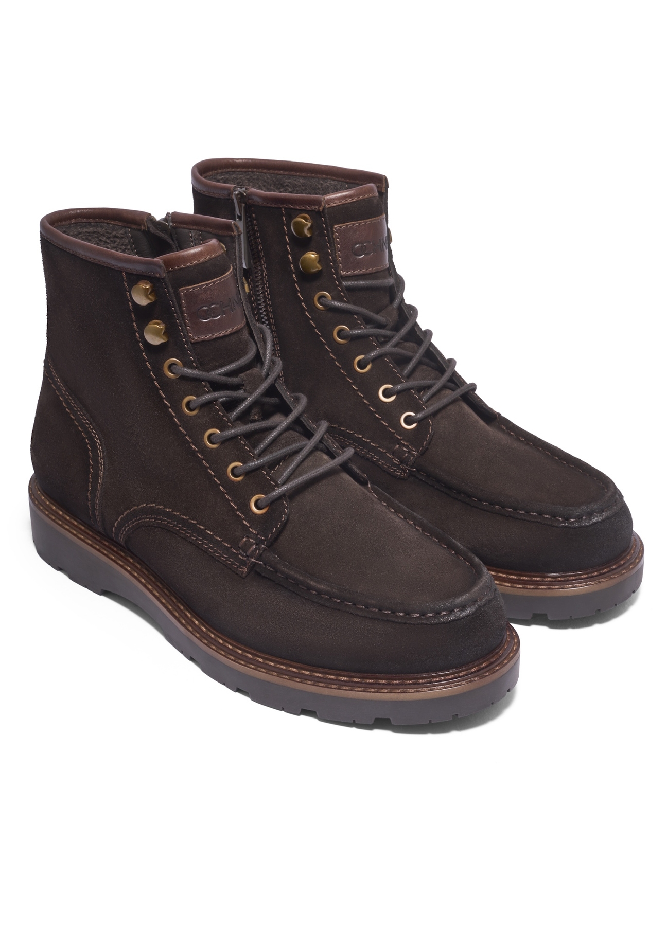 Dark brown suede men's ankle boots BUTYM-0581-1I(Z26), diagonal product view on white background.