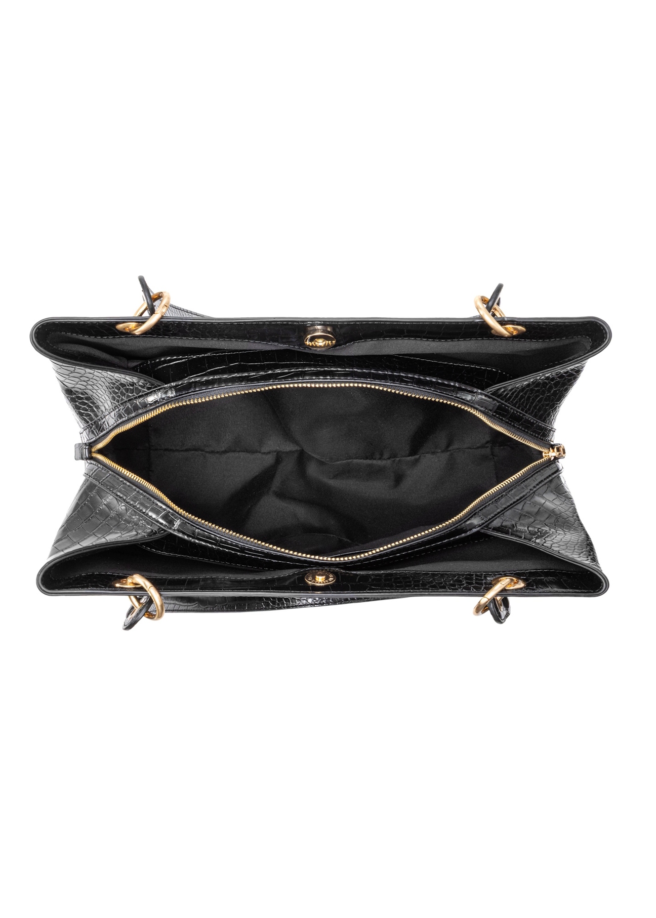 Large black croco women's handbag TOREC-1056-97(Z25), view of the inside of the product on a white background.