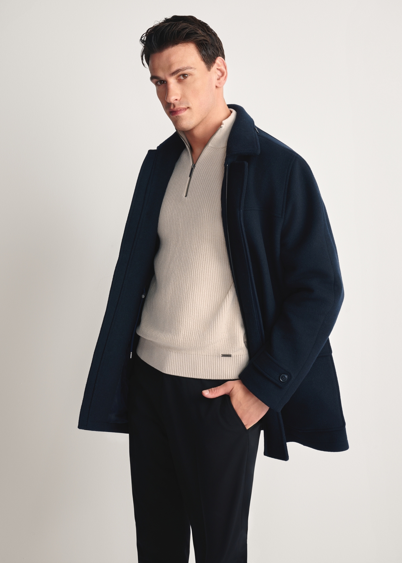 Men's navy blue coat PLAMT-0007-69(Z25) - front view of the product model against a white background. Half of the silhouette visible.