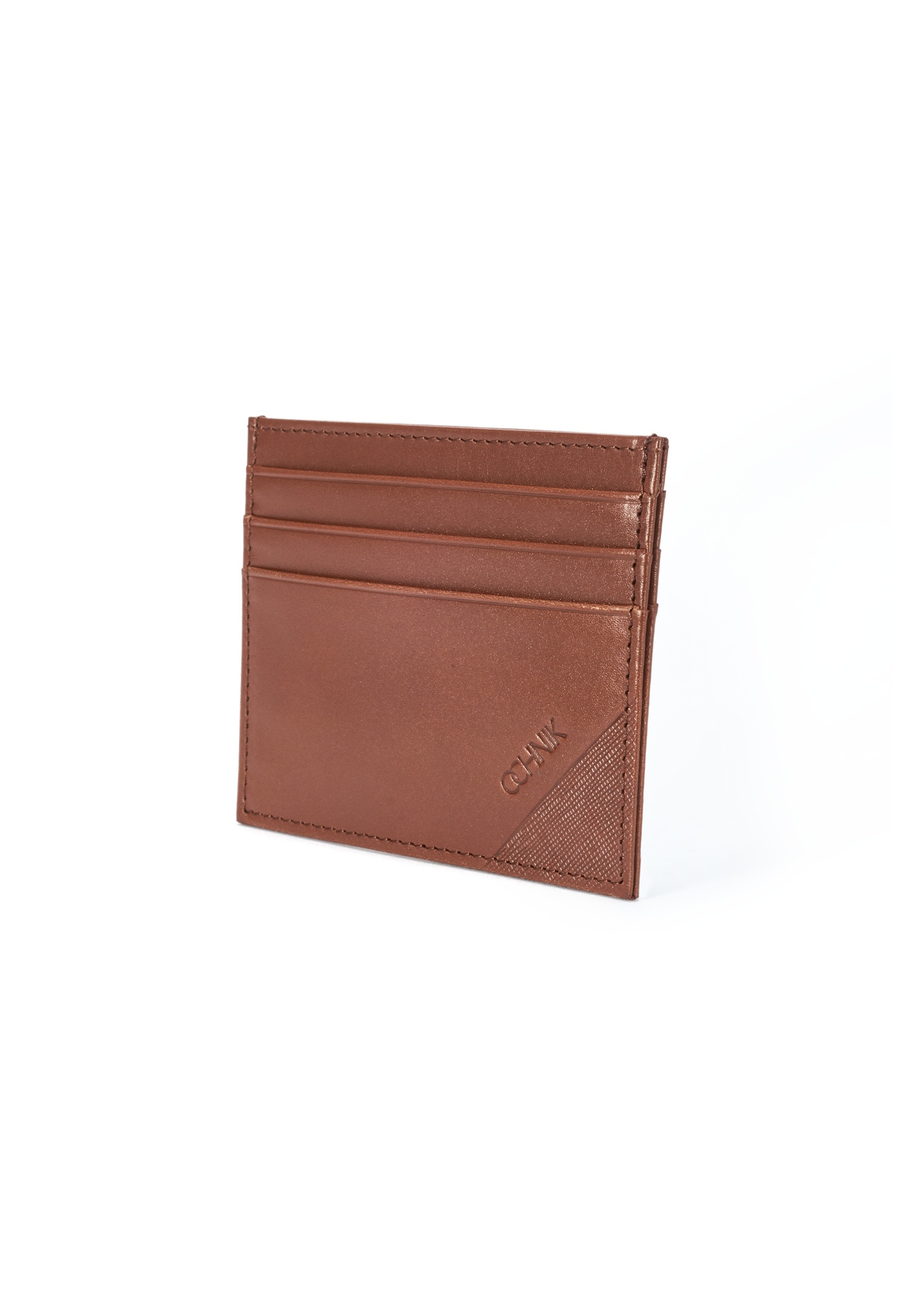 Brown leather card case PORMS-0637-88(W25), diagonal view of the product on a white background.