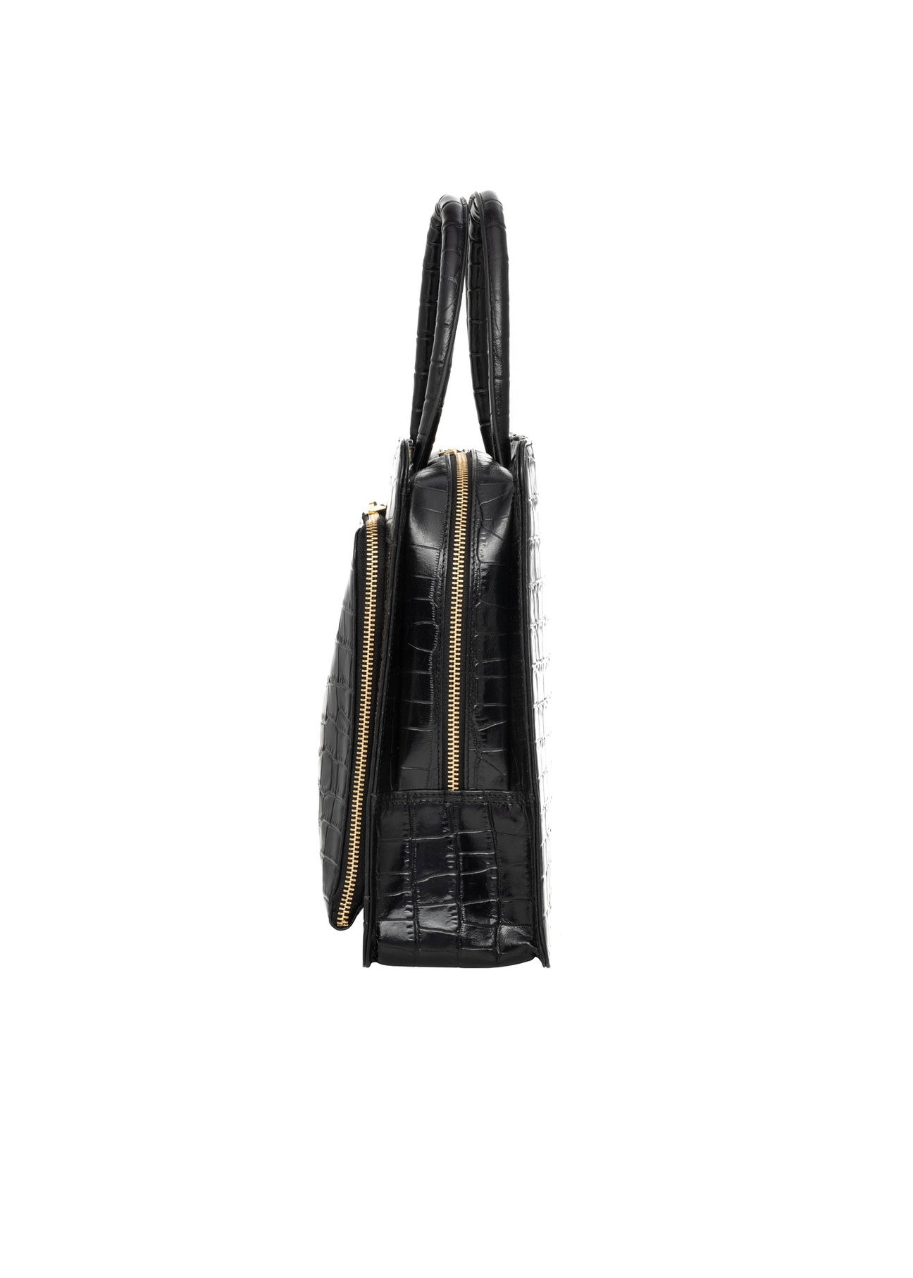 Leather black croco laptop bag TORES-1321-9G(Z26), product view from the side on a white background.