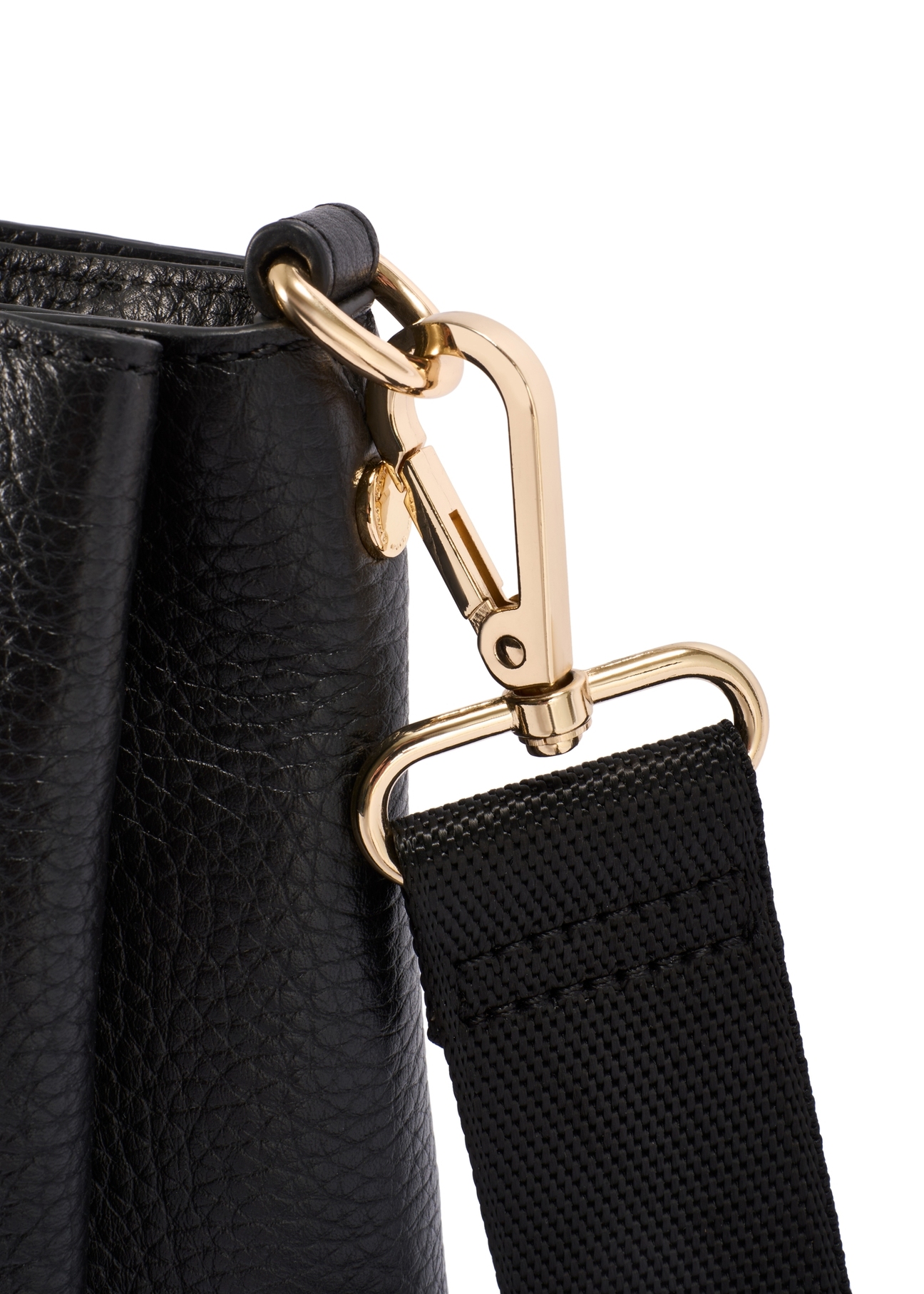 Women's black leather messenger bag TORES-1214-9I(W26), close-up of product detail, view on white background.