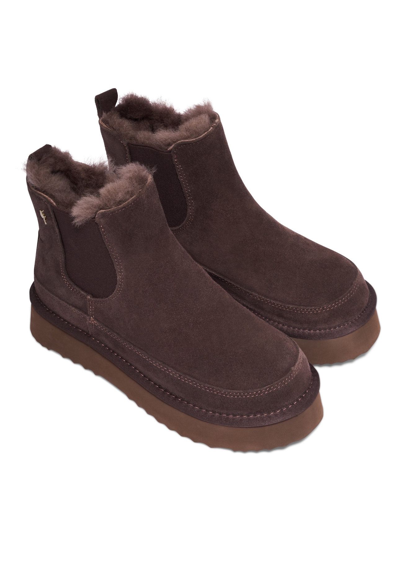Women's dark brown suede snow boots BUTYD-1314-1I(Z26), diagonal product view on a white background.