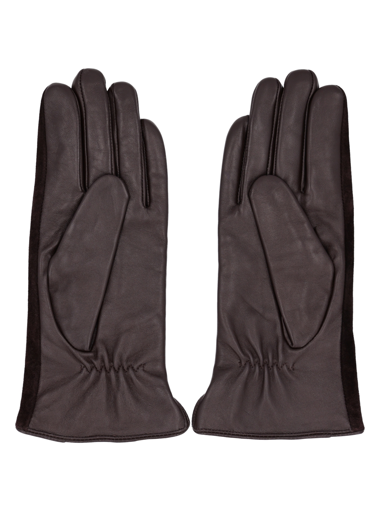Women's brown suede gloves REKDS-0093-1I(Z26), rear view of the product on a white background.