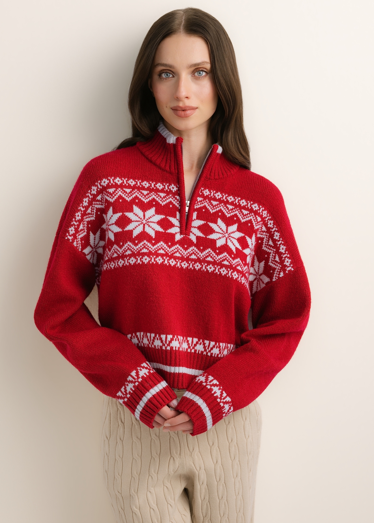 Red women's sweater with a Norwegian pattern (SWEDT-0273-4B(Z26)), front view on a model. Half-body shot.