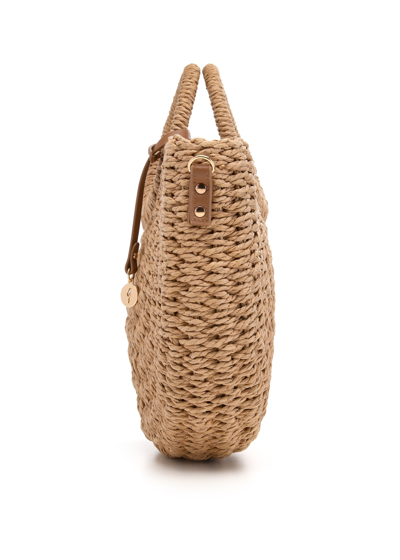 Semi-circular beige woven handbag TOREC-0940-1E(W26), side product view on white background.