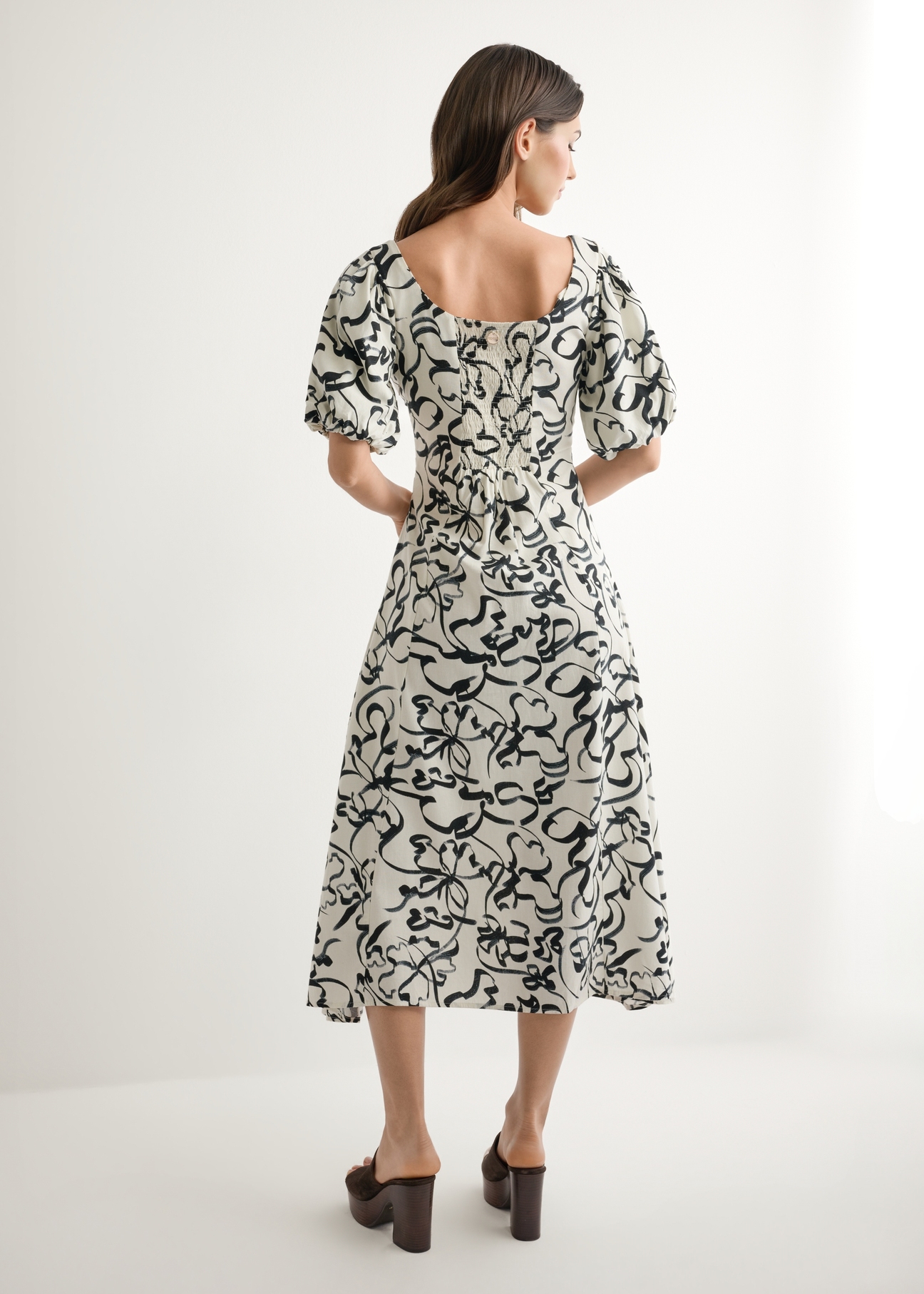 Women's floral dress SUKDT-0277-0P(W26), back view of the product on the model. Full body visible.
