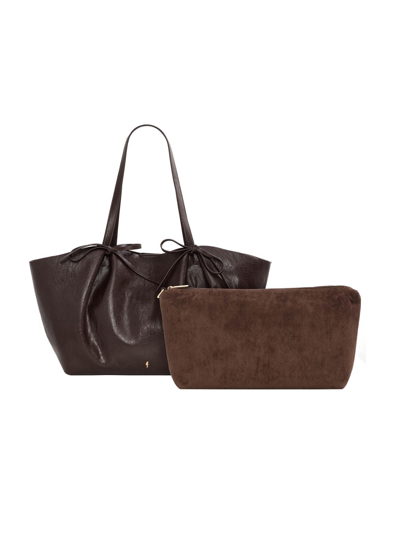 Brown shopper bag with bows TOREC-1378-1H(Z26), product view with cosmetic bag on white background.