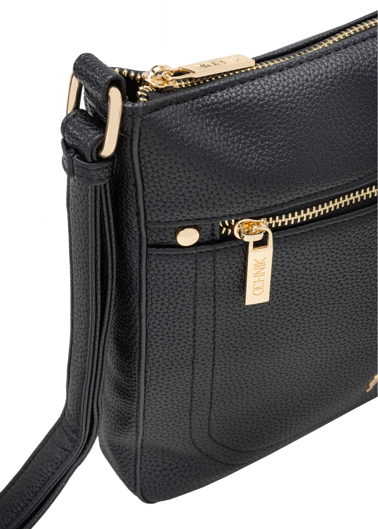 Black women's imitation leather messenger bag TOREC-1177-99(W26), close-up of the product detail on a white background.